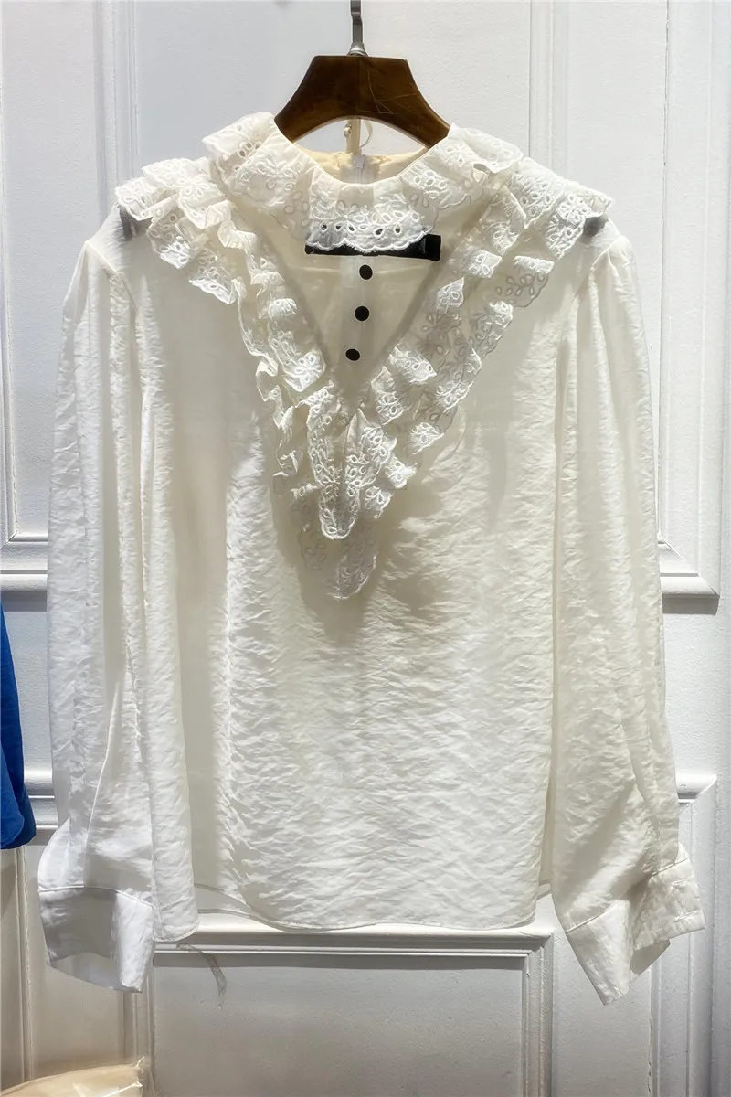 

Silk cotton long sleeve shirt female spring 2021 new ruffles collar hollow out temperament two-piece shirt
