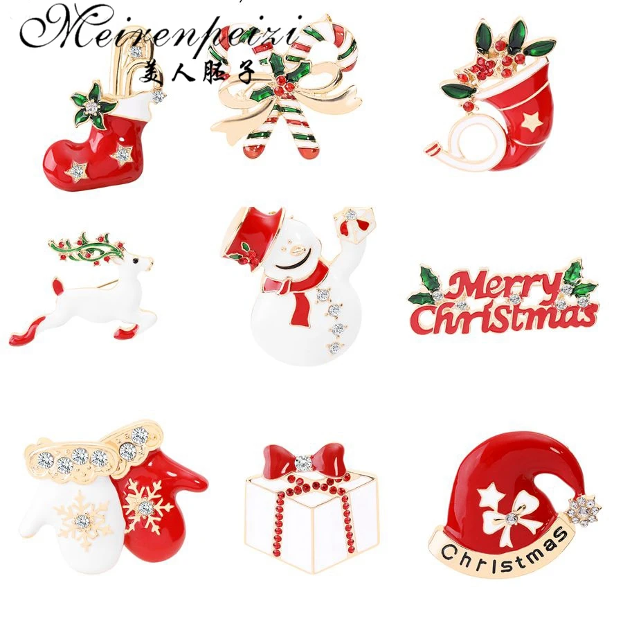 

Meirenpeizi Merry Christmas Brooches Pins Cute Santa Claus Hat gloves Bells Socks Donuts Candy Enamel Pin Badges Brooch