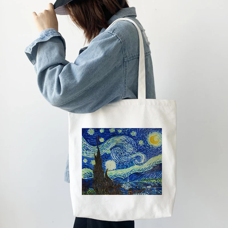 

Foldable Shopping Bag Van Gogh Art Handbag Tote Bag Aesthetic For Women Canvas Casual Shopper Bag High Capacity Hand Cloth Bag