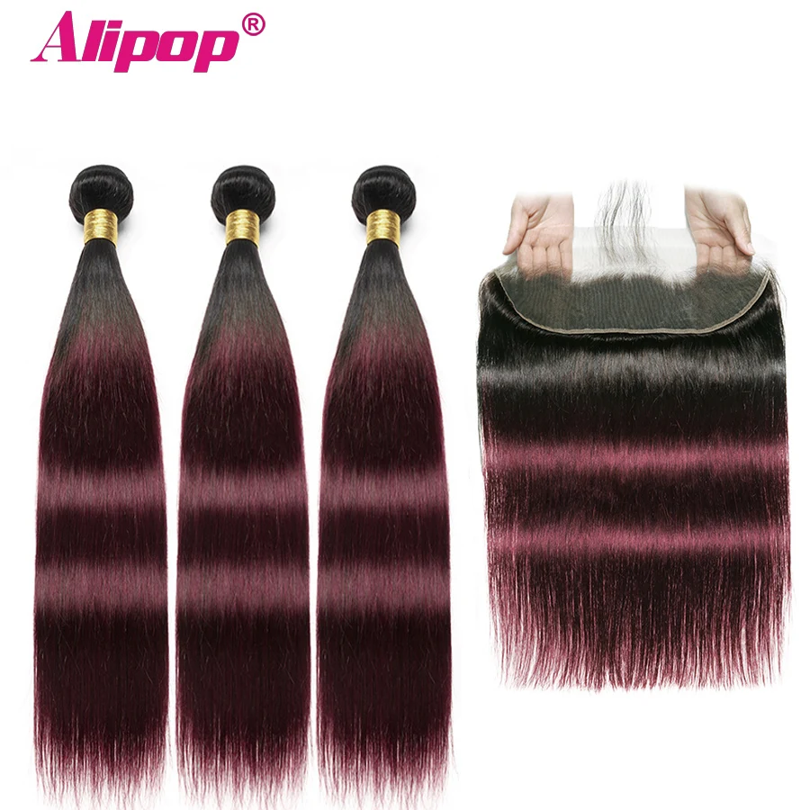 Омбре 99j бордовые пряди с застежкой фронтальные бразильские волосы человеческие