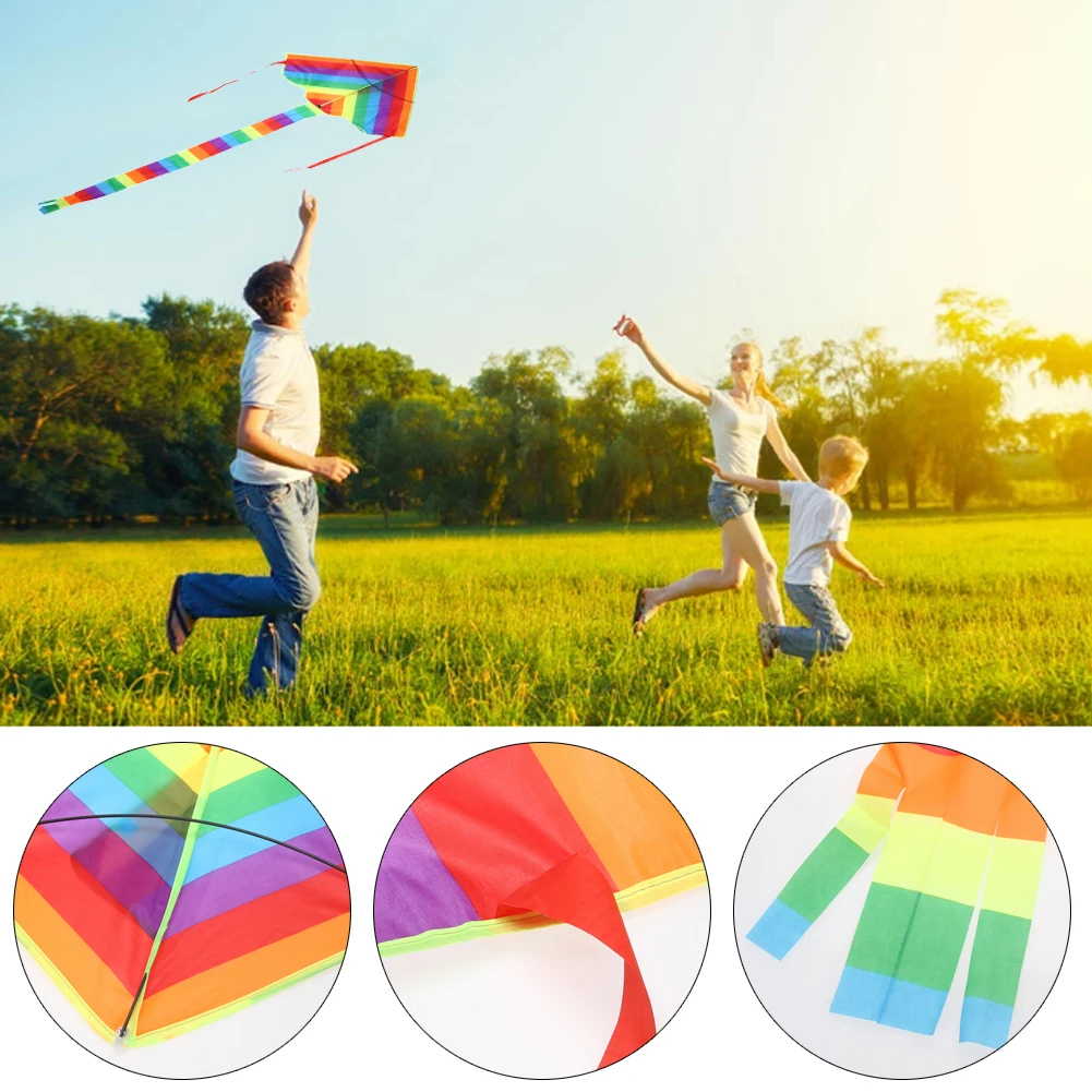 

Colorful Rainbow Kite Long Tail Polyester Outdoor Kites Flying Toys For Children Kids Surf Kite With Control Bar and 100m Line