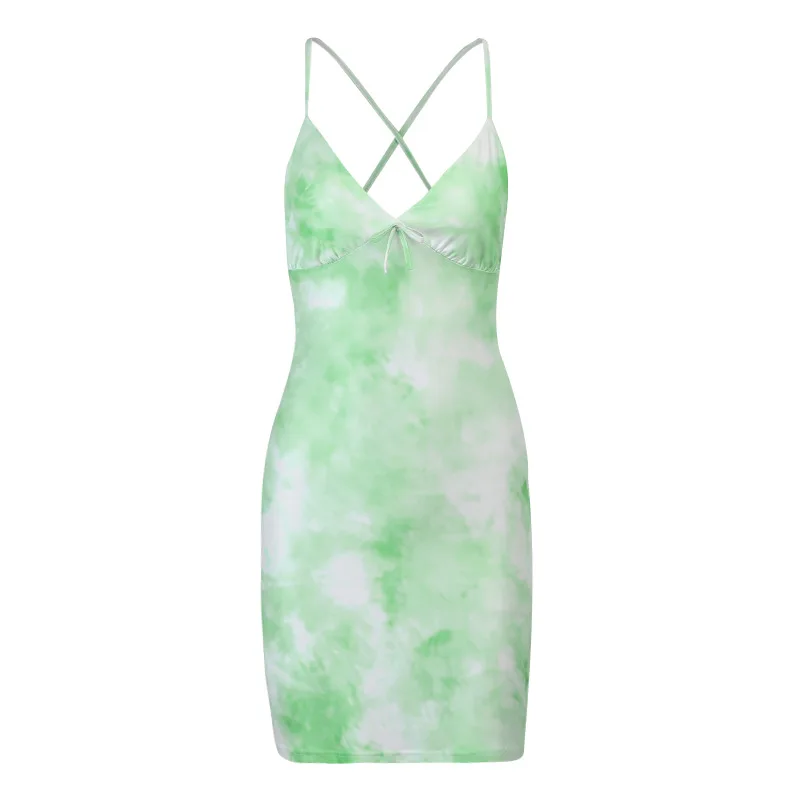 

2021 Tie Dye Print Y2K Summer Dress Sexy Women Backless Bandage Spaghetti Strap Dresses Beach Off Shoulder Mini Party Robe Femme