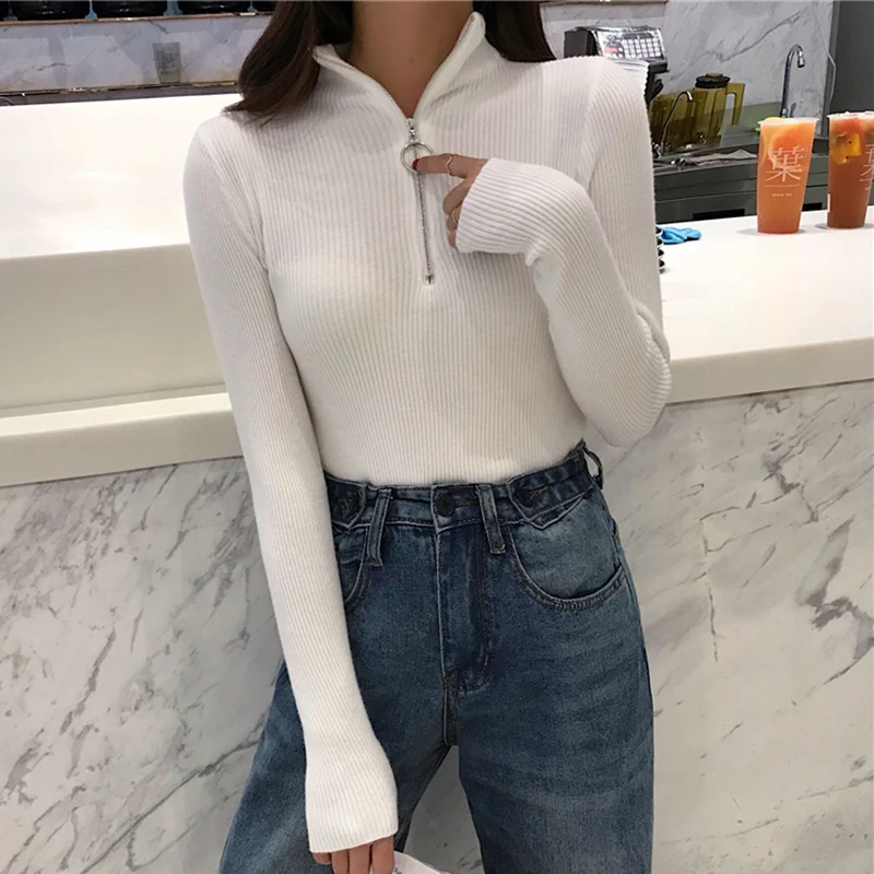 2022 Knitted Women Zipper High Neck Sweater Pullovers Turtleneck Autumn Winter Basic Sweaters Slim Fit Black Pull Femme | Женская одежда