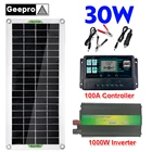 30 Вт Панели солнечные полный комплект Батарея Зарядное устройство с двумя портами USB 1000W инвертор 100A контроллер 220V Солнечный Системы для домашней сетки аккумуляторный фонарь-вентилятор