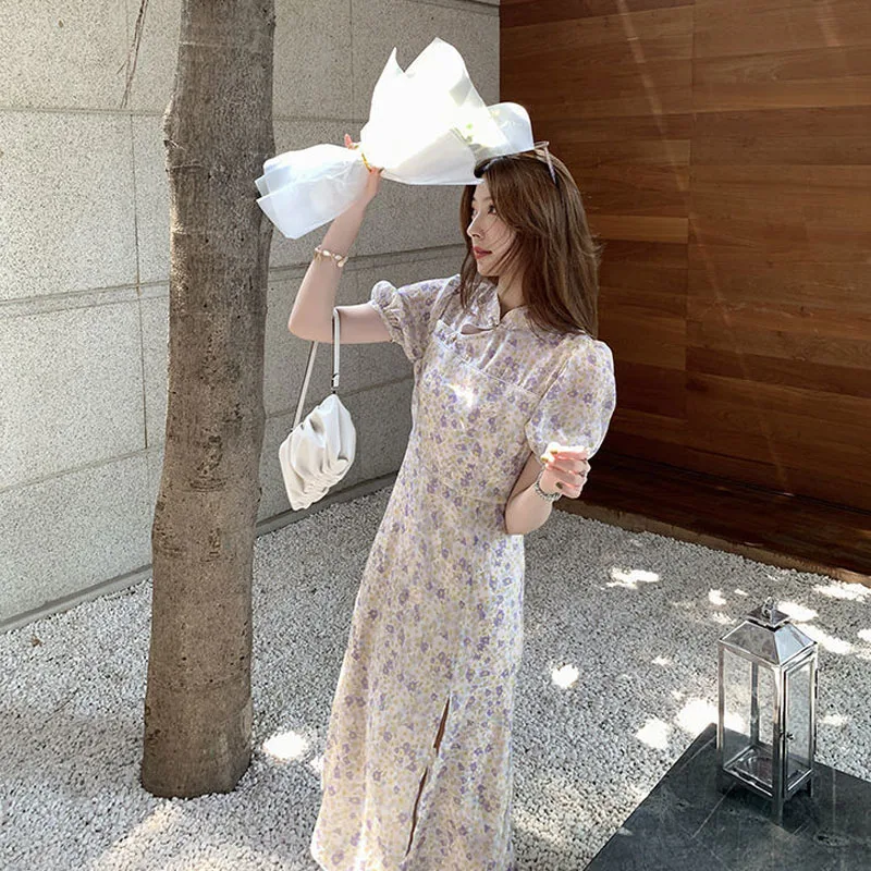 

Short Sleeve Elegant Vintage Dress Women Puff Sleeve Floral Design Sexy Midi Dress Party Evening Dress Korean Style 2021 Summer