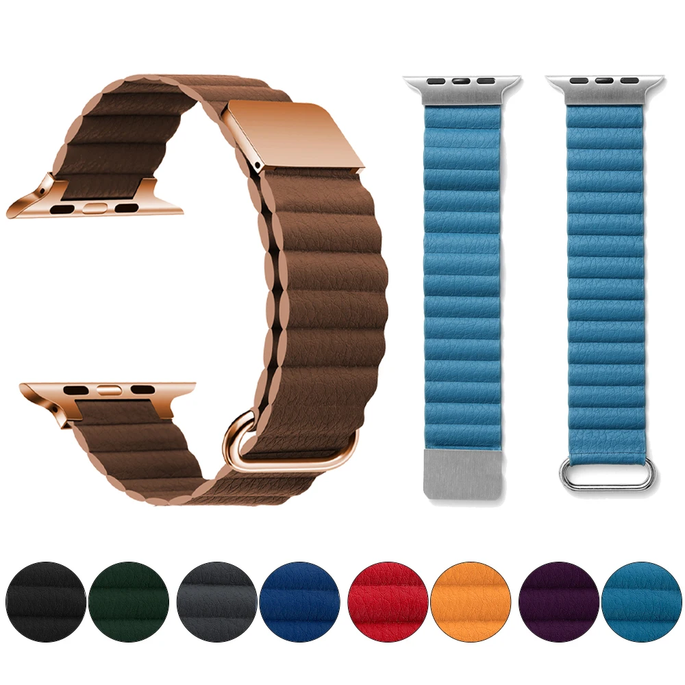 

Ремешок кожаный для Apple Watch Band 7 6 SE 5 3, магнитный сменный Браслет для IWatch Series 41 мм 45 мм 40 мм 44 мм 38 мм 42 мм