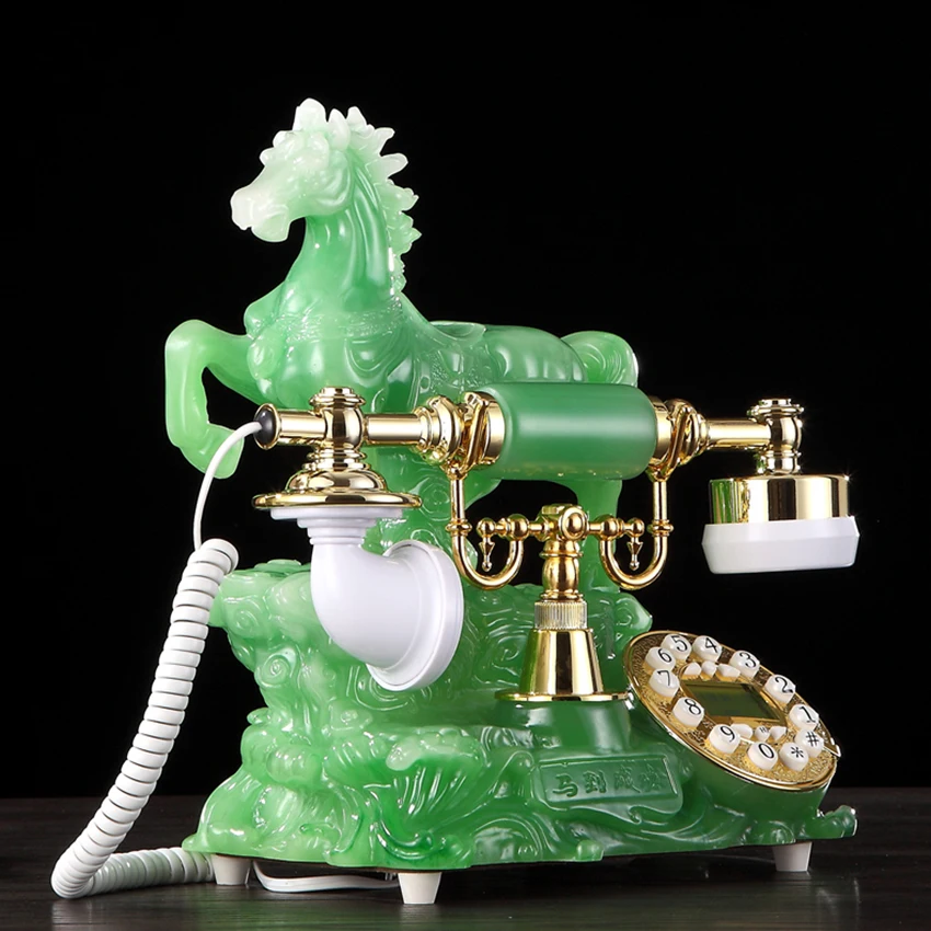 Green Resin Horse Fixed Telephone Landline Button Dial Antique Telephone with Caller ID, Electronic Ringtone for Home Decoration
