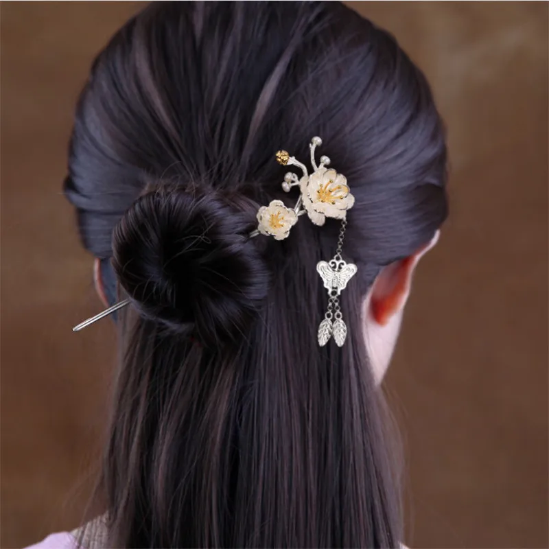 Uglyless Handmade Flowers Hair Sticks for Women Real 925 Silver Butterfly Leaves Tassels Forks Ethnic Floral Jewelry | Украшения и