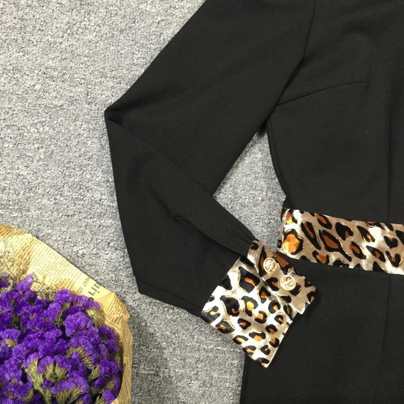 Red RoosaRosee Designer Women Spring Autumn Vintage Wrist Sleeve Leopard Black Mini Dress Elegant Party Vestidos Lady Robe Femme