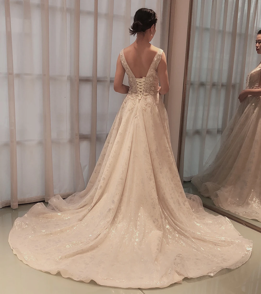 SL-8083 Sexy Deep Sweetheart Lace Belt Crystal Wedding Dress 2020 Tulle Bride Court Train Appliques Gowns | Свадьбы и торжества