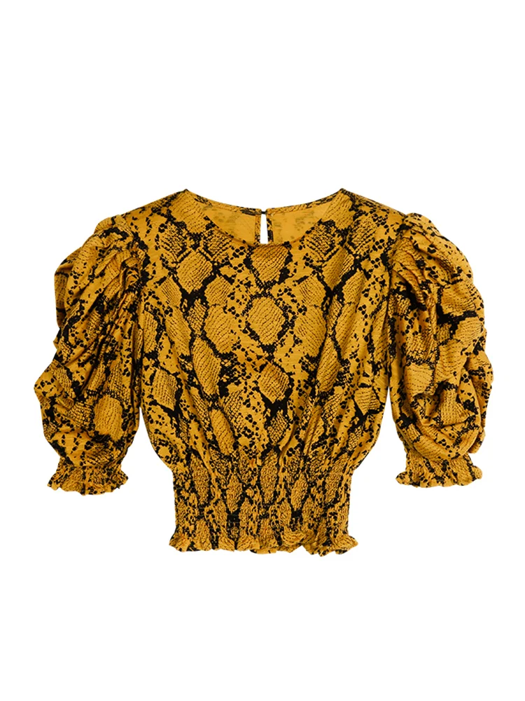 

Retro leopard print round neck pullover puff sleeve elastic waist short shirt ladies summer new fashion all-match top