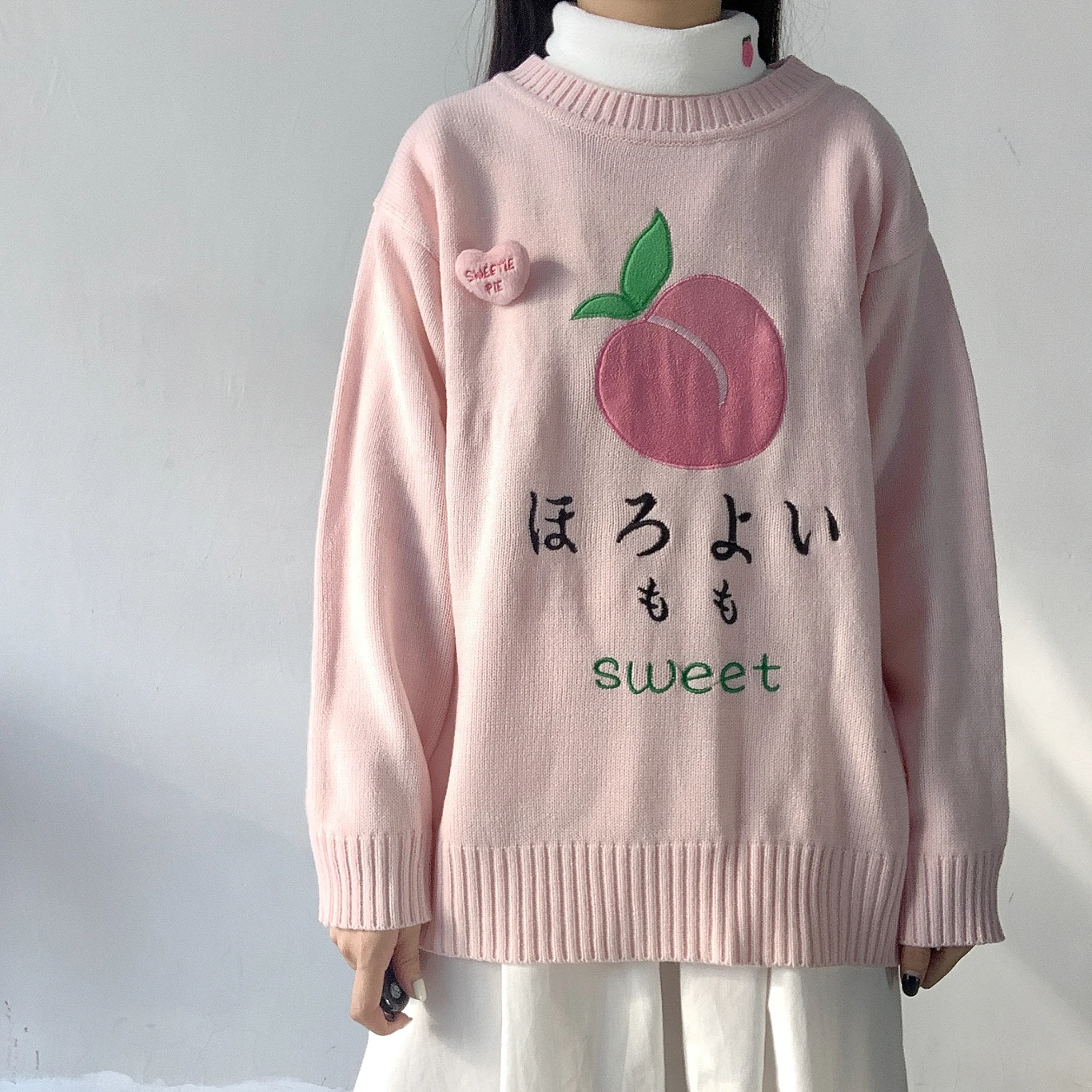 

Kawaii Embroidery Pink Knitted Women Sweater Pullover Japanese Cute Loose Round Neck Teen Girl Jumper Winter Sweet Femme Pull