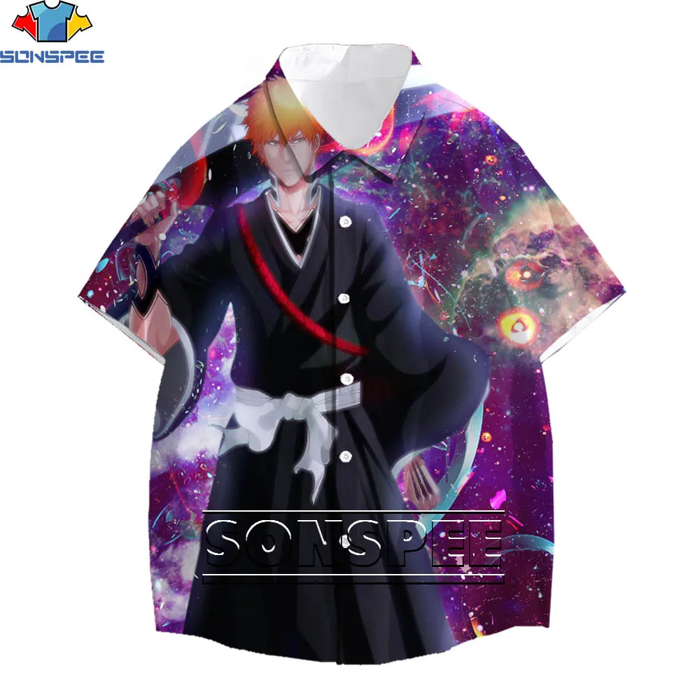 

SONSPEE Popular Japanese Anime Bleach 3D Printing Kurosaki Ichigo Hawaiian Shirt Harajuku Street Casual Loose Men and Women Top