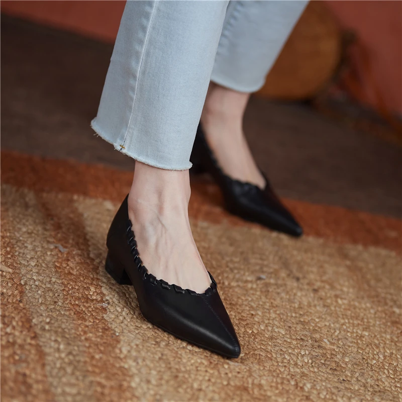 

COVIBESCO Fashion Concise Basic Women Pumps Pointed Toe Low Heels Spring Summer Casual Working Shoes Woman Genuine Leather Weave
