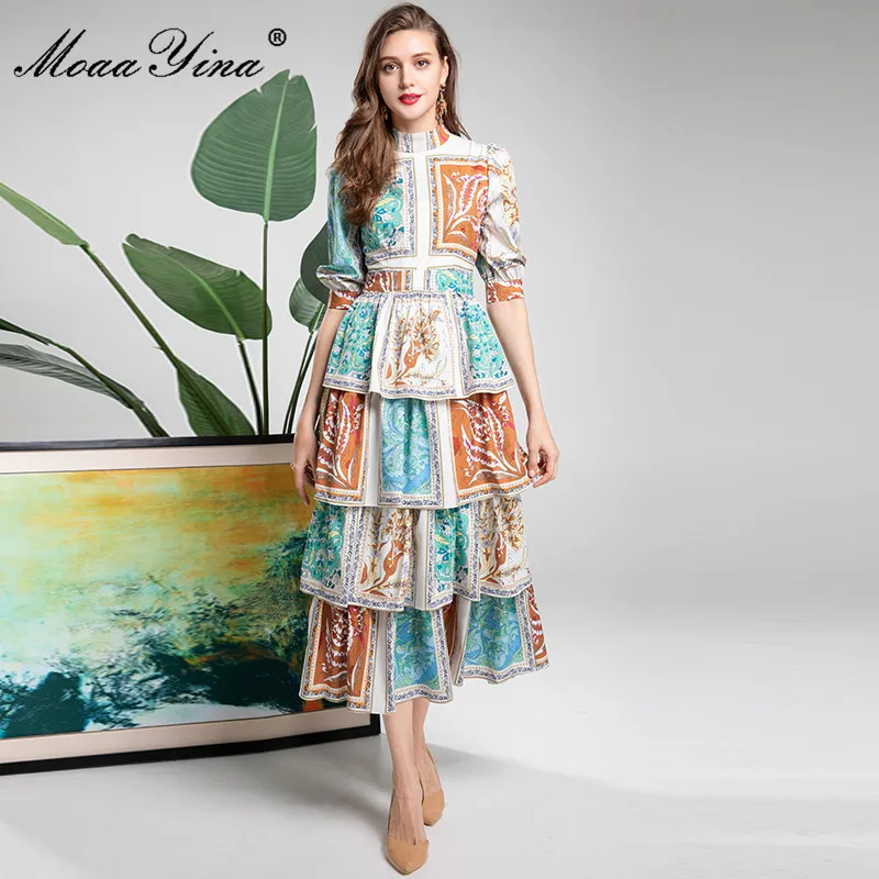 

MoaaYina Fashion Runway Autumn Dress Women's Stand-up collar Puff sleeve Cascading Ruffle Retro Flower print Long Vacation Dress