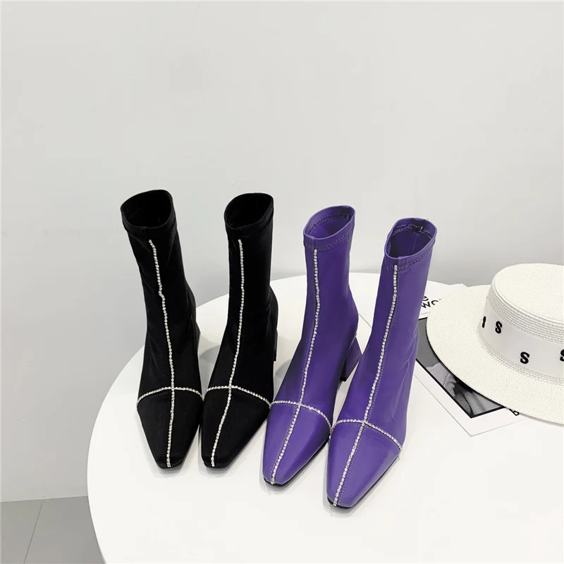 2019 г. женские фиолетовые ботинки ботильоны из сатина Шелковый носок сапоги на