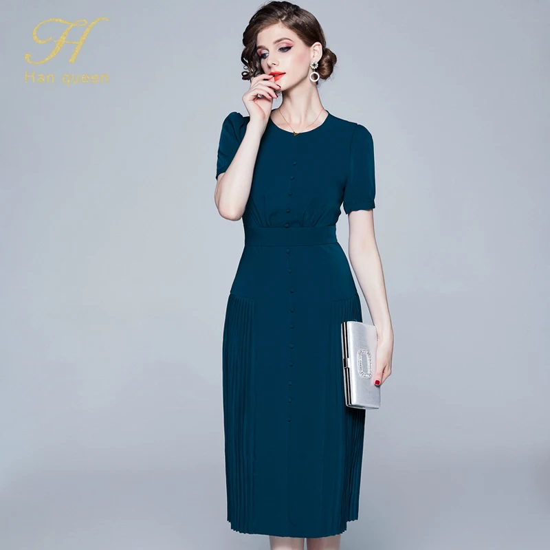 H Han queen женское осеннее подиумное складное вечернее платье vestidos дамское с круглым вырезом однобортное модное женское тонкое Повседневное платье для работы