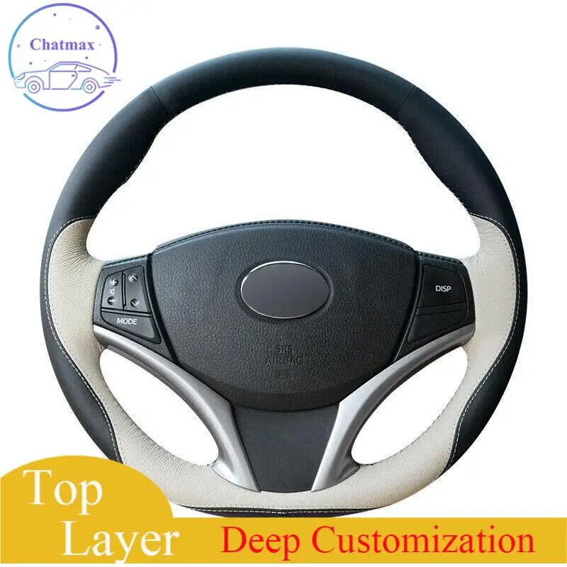 

For Toyota Yaris Vios Black Beige Leather Hand-stitched Car Steering Wheel Cover Anti-slip fit all season comfortable design