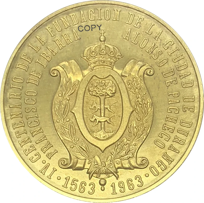 

1563 Mexico Gold Medal 1963 MO 400th anniversary of the founding of the city of Durango Gold Coin Brass Metal Copy Coin