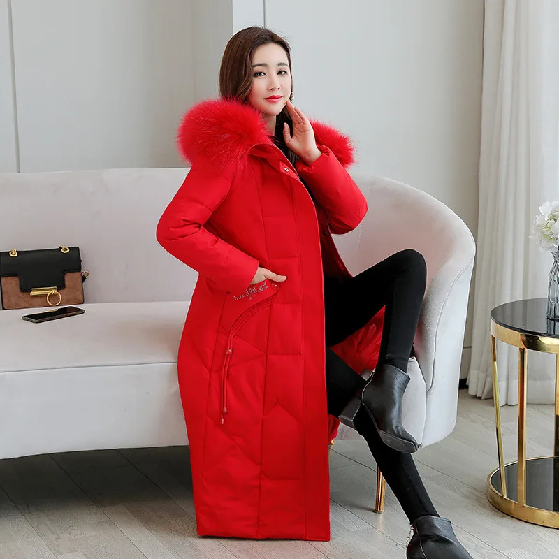 

Women X-Long Winter Jacket Detachable Fur Collar Hooded Windproof Down Jacket Oversize Cotton padded Parkas Outwear Coat