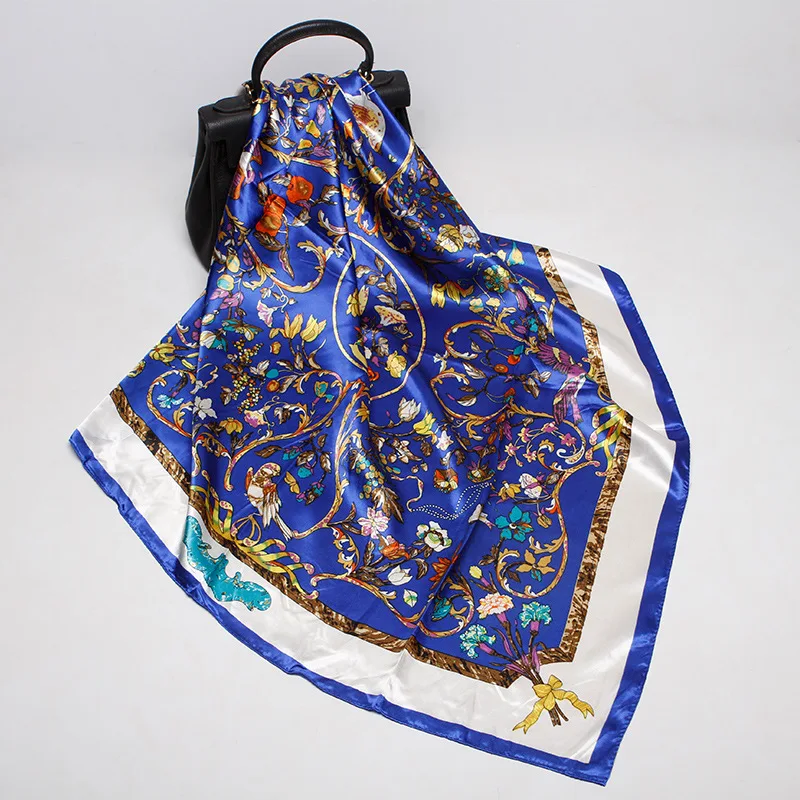 Женский шелковый шарф с принтом темно синего цвета модная бандана большой