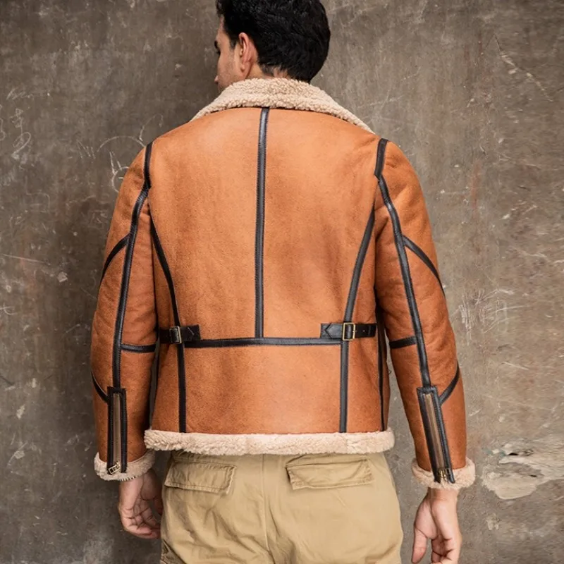 Мужская зимняя куртка-пилот из натуральной кожи с шерстяной подкладкой