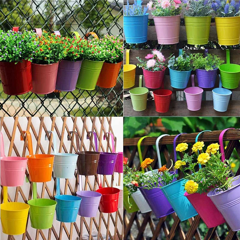 10pcs wall hanging flower pots metal flower pots with handle iron garden balcony vertical bucket holder home decor garden pots free global shipping
