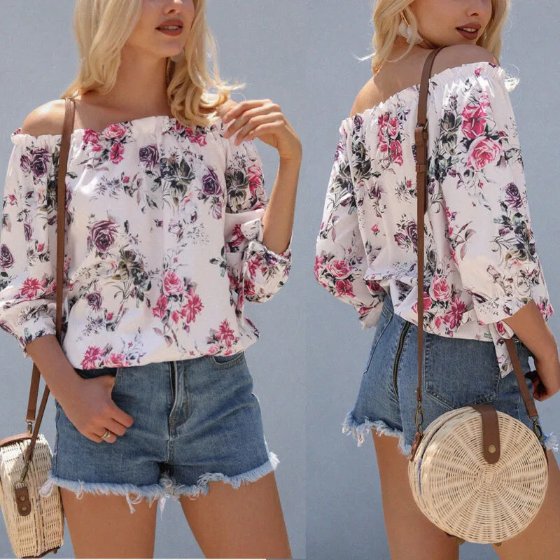 

Boho Off Shoulder Loose Tops Women Floral Print short sleeve V-neck Sexy Shirt blouse beach casual ruched blusas beach female