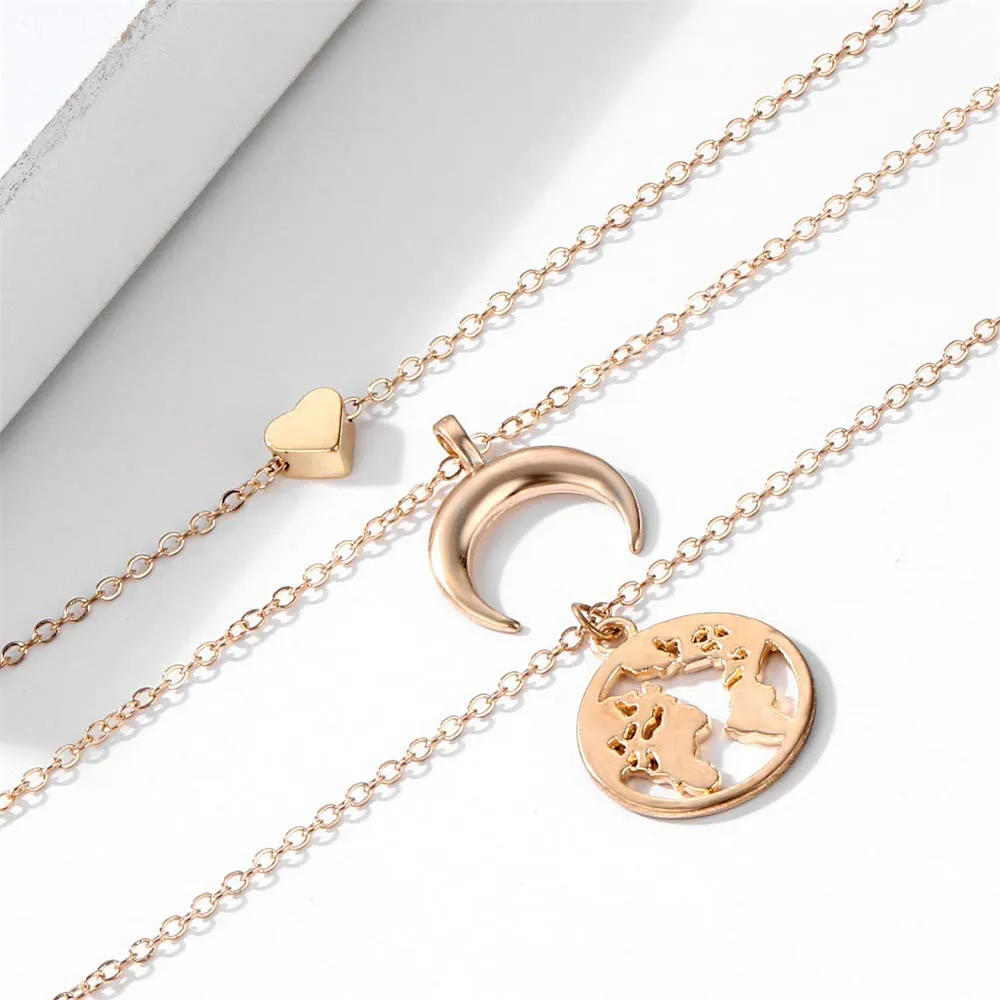 Heart Necklaces for Women Fashion Gold Chain Long Moon Map Statement Necklace Multilayer Pendant Bohemia Choker Jewelry | Украшения и