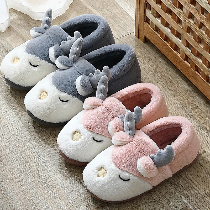 Women's Plus Size Bag with Cotton Slippers, Men's Home Cotton Slippers, Couple Indoor Cartoon Antler Plush Slippers, Size 36-45