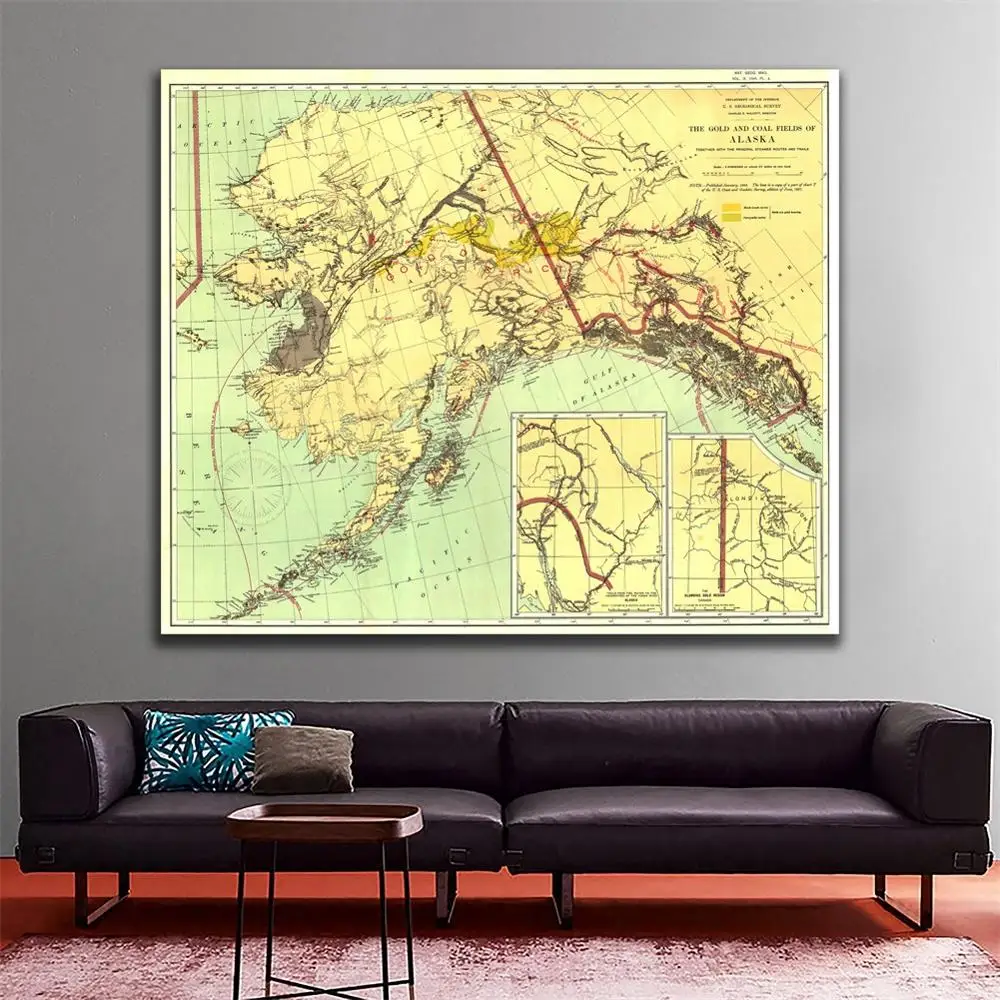 

60x60cm The Gold And Coal Fields of ALASKA in 1898 Edition Fine Canvas Spray Painting Wall Map For Livinig Room Wall Decor