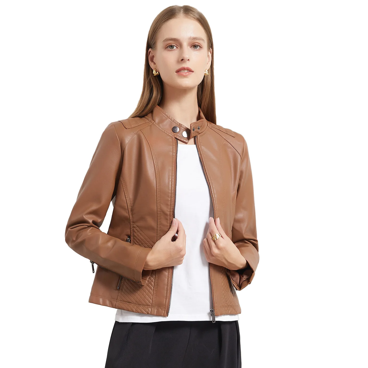 Autumn Winter PU Leather Jacket Women Stand-up Collar Simple Style Solid Biker Jacket Casual Slim Thin Coat Ladies Outwear 3XL