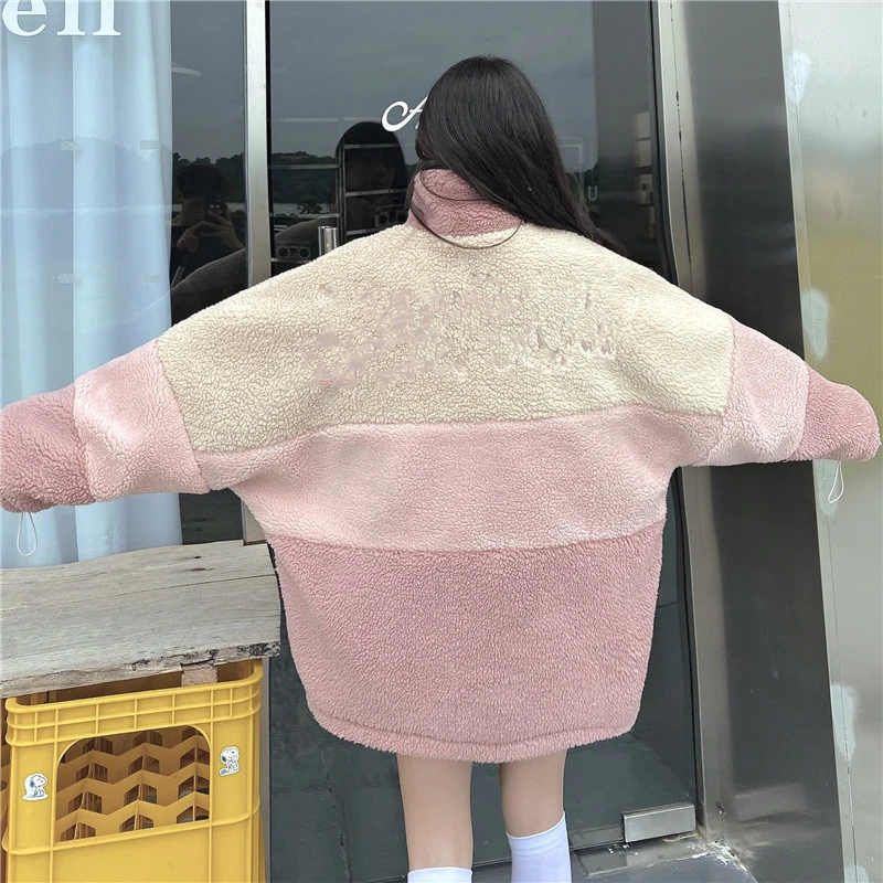 

HWLZLTZHT Patchwork Lambswool Winter Jacket Women Drawstring Pockets Zipper Hooded High Street Warm Couple Streetwear