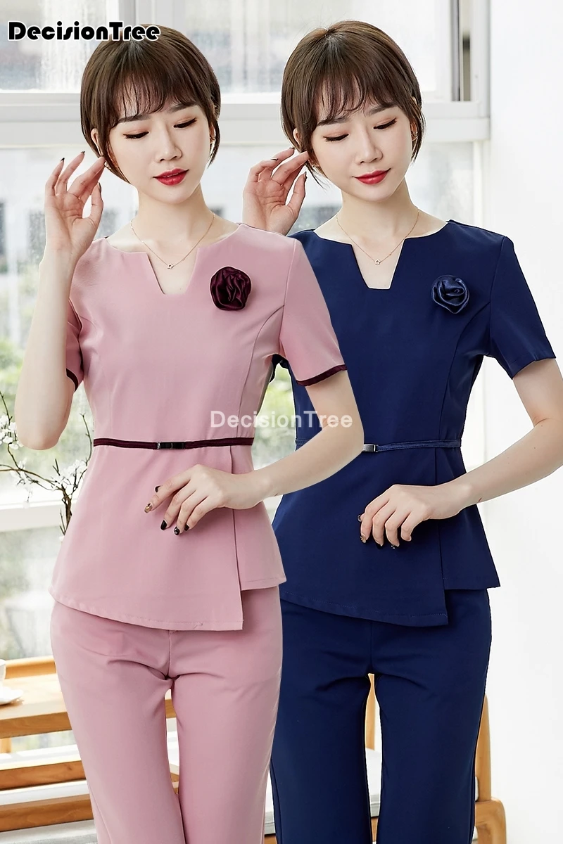 

2021 short sleeve beauty salon spa female fashion work clothing hotel waiter work clothes spa uniform sauna foot bath uniforms