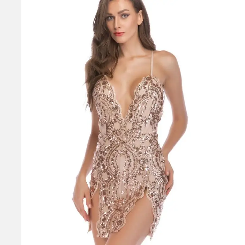 Sexy V Neck Gold Sequined Party Without backrest Backless Dress Lining Bodycon intermediate sleeve Night Club Mini G26 | Женская одежда
