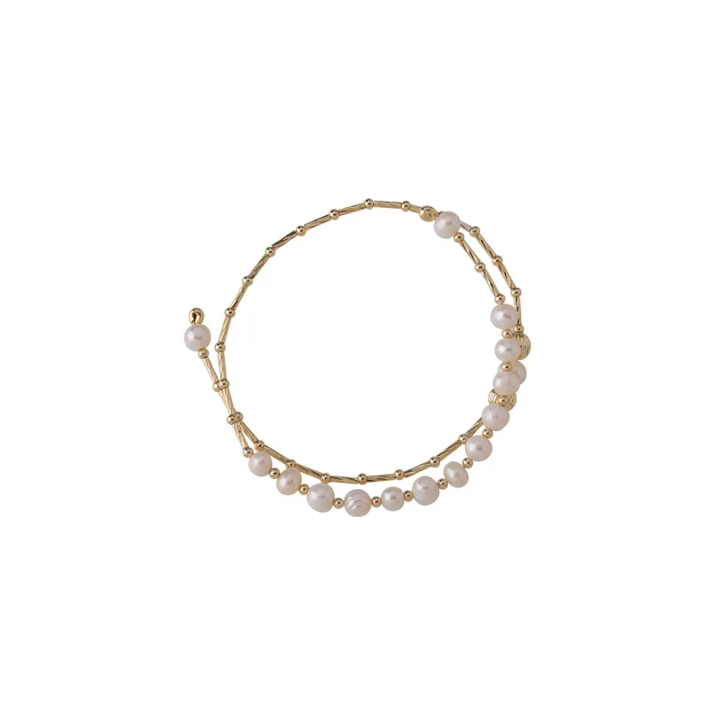 

LOVOACC Temperament Double-Layer Natural Freshwater Pearl Bangles for Women Trendy Gold Color Metallic Charm Bangles Jewellery