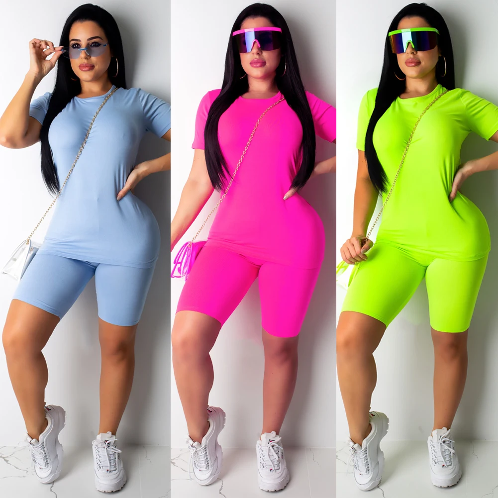 

Women Casual Solid Color Sports Suit Female Crop Top Shorts Outfit Fitness Workout Clothes Tracksuit Outfits 7 Colors