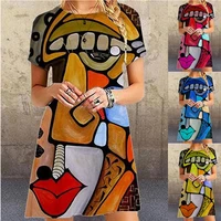 2020 europe fashion women dress new design abstract face print women casual dresses beach party holiday elegant summer dress