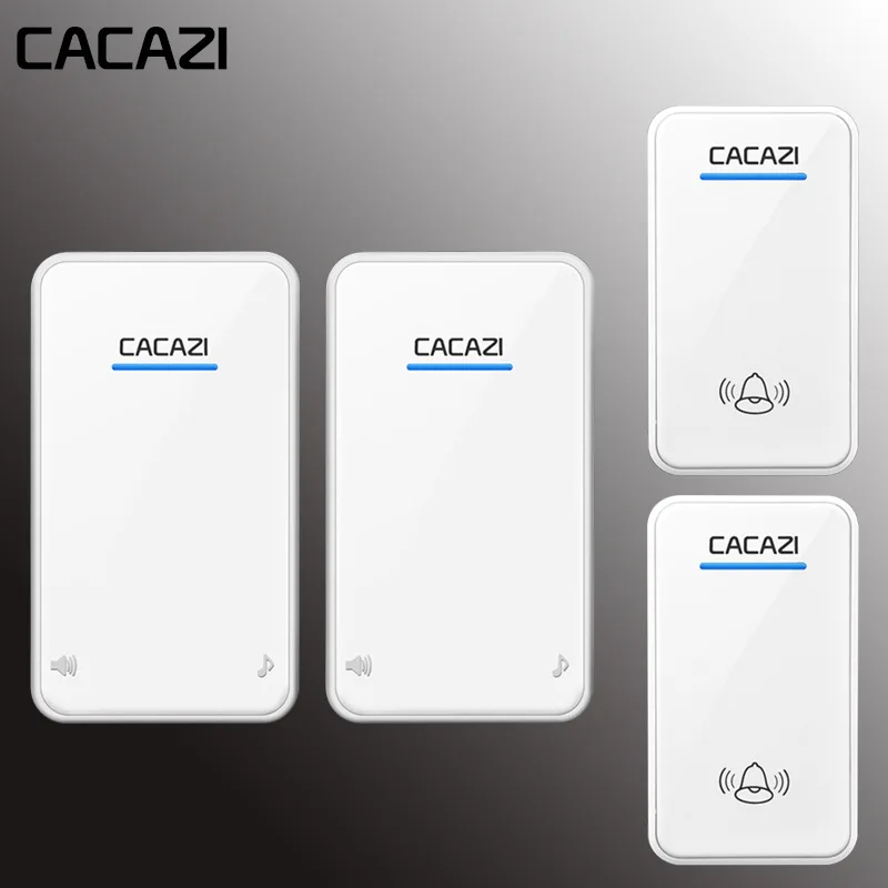 white2x2 CACAZI, беспроводной дверной звонок, водонепроницаемый, светодиодный, AC 100-240 В, EU/US/UK, штекер, дверной звонок, 2 кнопки, 300 м, пульт дистанционного управления, 48 колец, 6 громкости, домашний звонок - Цвет: white2x2