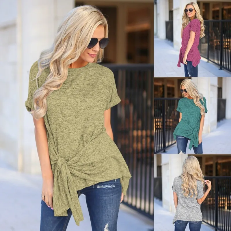 

2021 Spring Summer O Neck Pleated T Shirts Woman Short Sleeve Knot Colored Cotton Tee Shirts Female Plus Size New Basic Tops