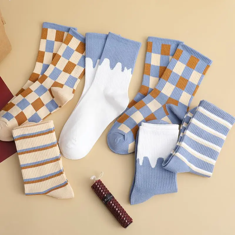 

Happy Socks Women's Cotton Plaid Striped Blue Socks Japanese Crew Socks Couple's Christmas Socks Harajuku Funny High Quality Hot