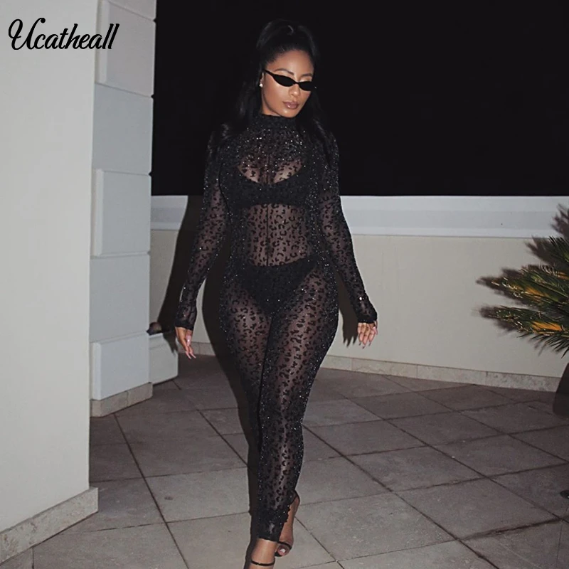 Сексуальный Облегающий комбинезон с длинными рукавами Модный сетчатый