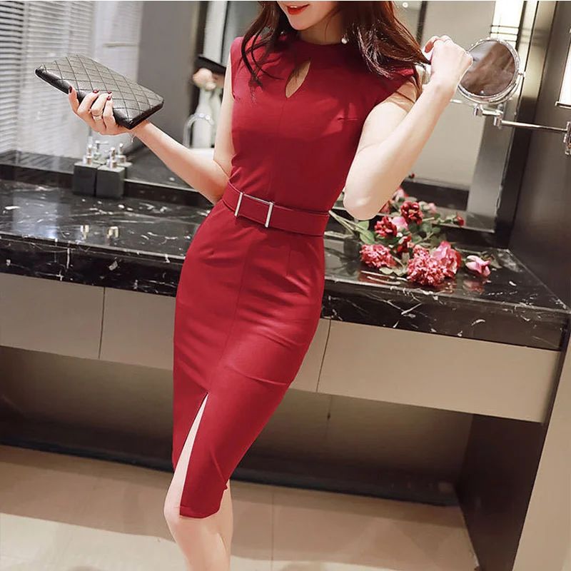

Feerldi Fitness Office Summer Dresses for Women 2021 Lady Formal Business Fitted Bodycon Dress Woman Sexy Split Midi Dress