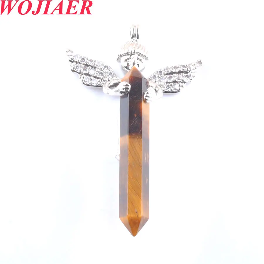 

WOJIAER Natural Stones Long Sword Hexagonal Prism Cupid Angel Wings Pendants for Necklaces Tigers Eye Women Jewelry PO9053