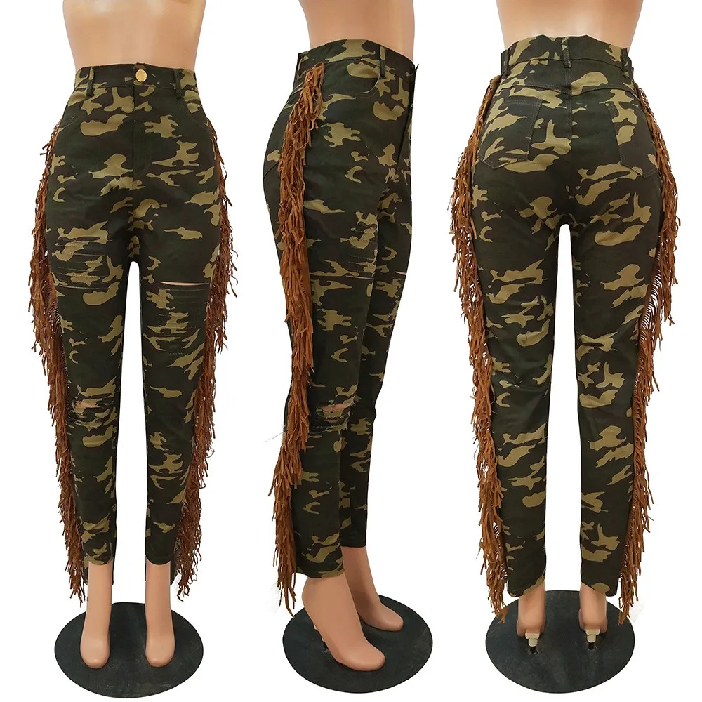 

Military Camouflage Pants for Women Tassel Hole Rip High Waist Pants Slim Streetwear Camo Pencil Pants Trousers Pantalon Femme