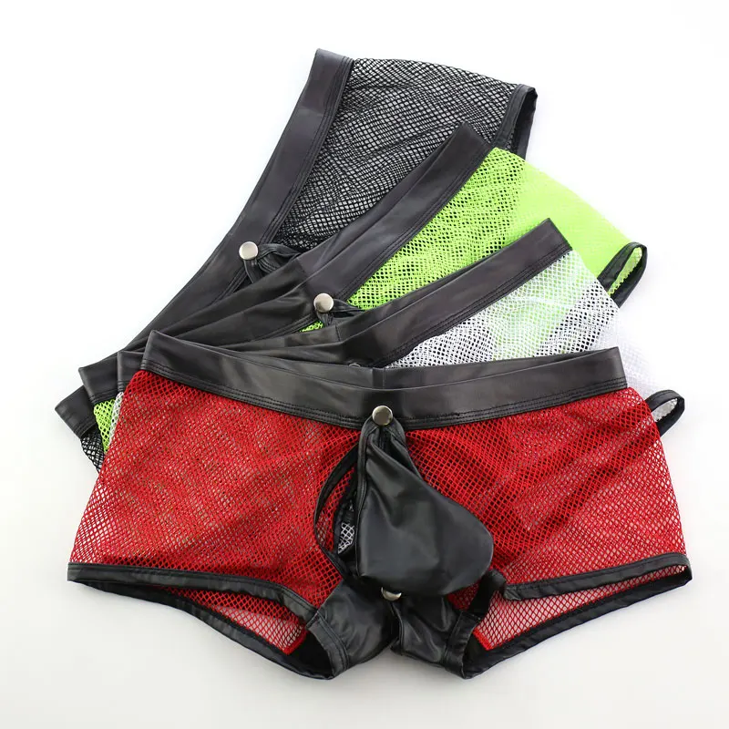 

Sexy Men Faux Leather U Convex Pouch Boxers Mesh Sheer Open Ring Breathable Underwear Gay Wear Plus Size
