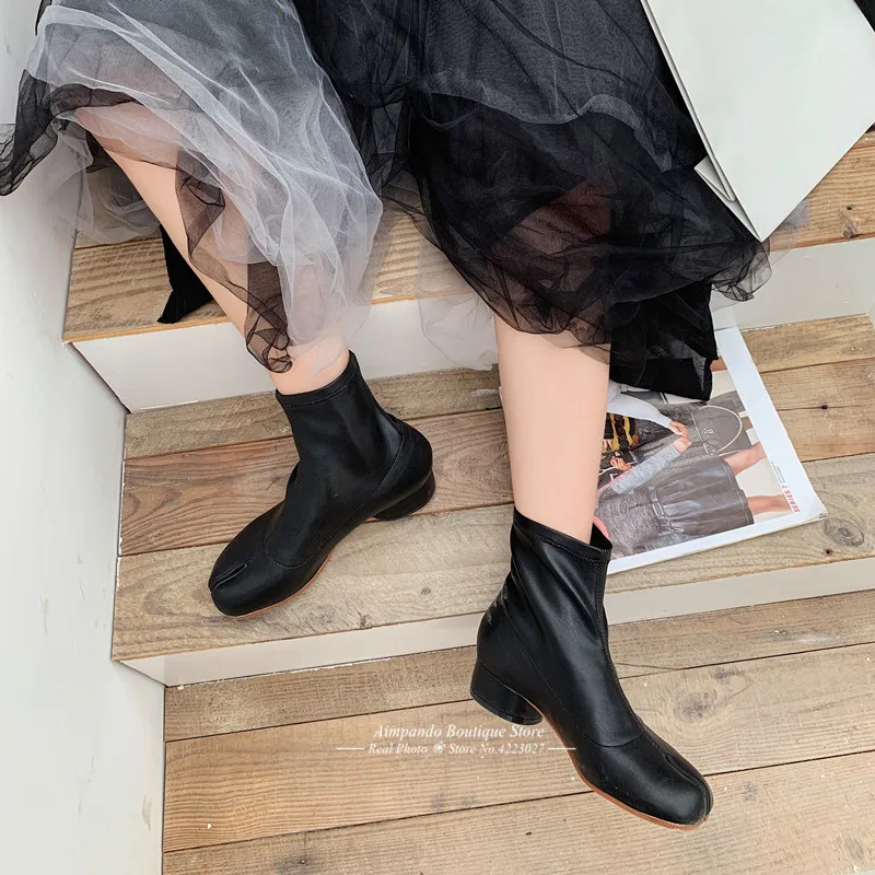 New Autumn Stretch Ankle Boots Novelty Split Toe Boots Women Cozy Round Heel Genuine Leather Riding Booties Fashion Short Botas