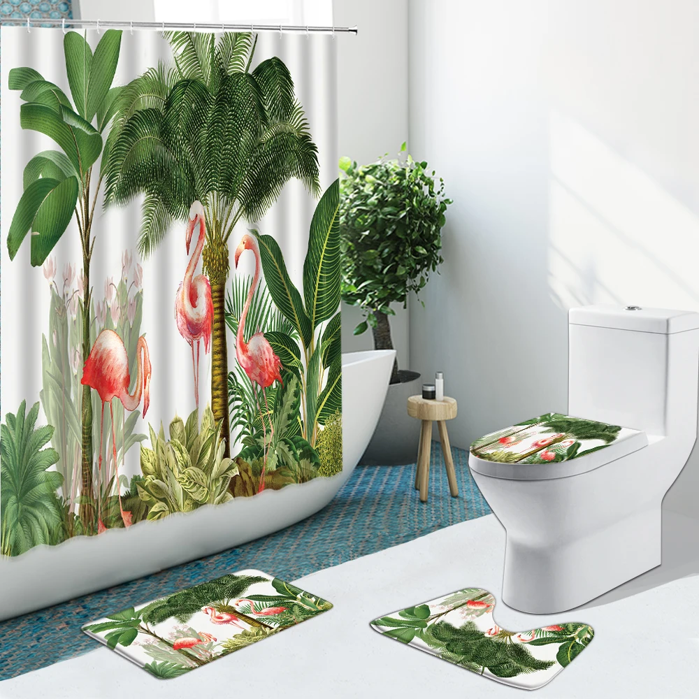 

Tropical Plant Palm Leaf Flamingo Bathroom Set Shower Curtain Seaside Flower Non-Slip Rugs Flannel Toilet Carpet Cover With Hook