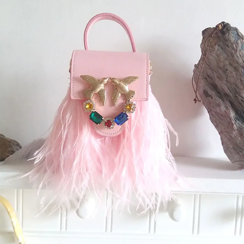Pink Женская дизайнерская цветная Сумочка с кисточками и бриллиантами, роскошные вечерние клатчи с бриллиантами, Сумка с перьями для телефона, вечерняя сумочка из натурального меха страуса - Цвет: Pink
