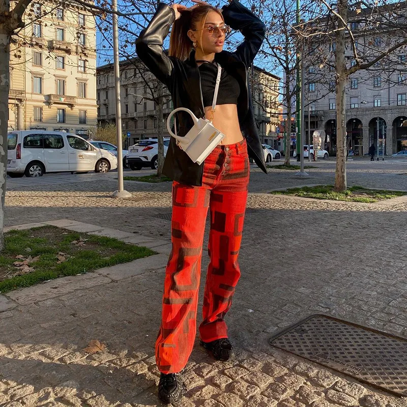 

Streetwear Printed Straight High Waist Pants Vintage Y2K Long Female Trousers Harajuku Baggy Pants Pantalons Capris